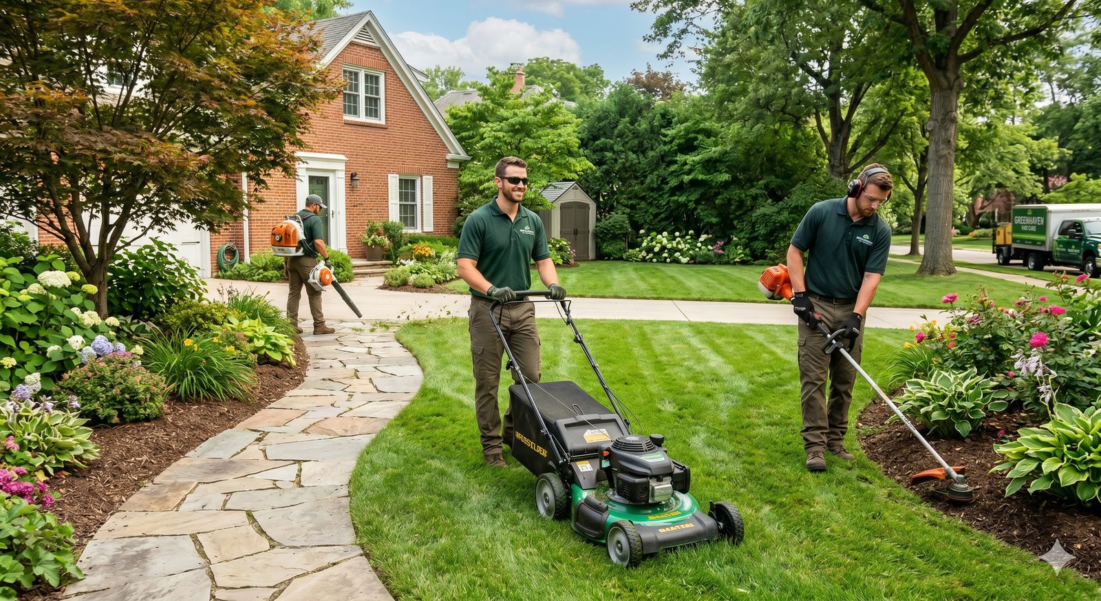 The Lawn Rangers crew mowing, edging, and trimming a manicured East Texas lawn in front of a brick home